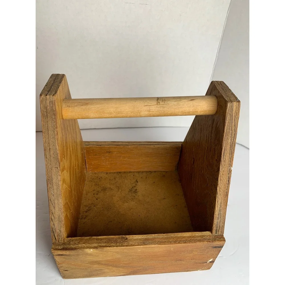 Vintage Handcrafted Wooden Tool Caddy Garden Tote Rustic Farmhouse Storage Box